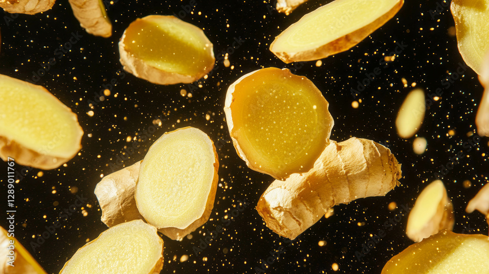 Poster ginger slices floating on beige background for culinary and health designs