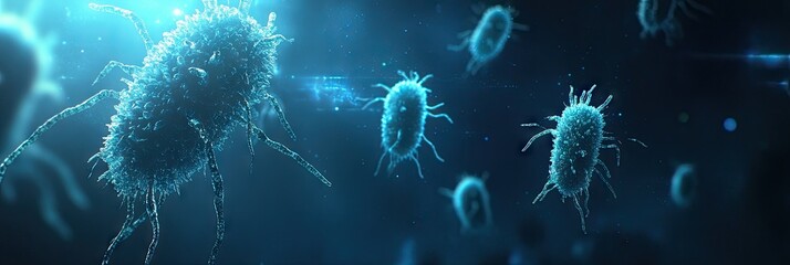 Microscopic bacteria, vibrant blue, dark background, medical research