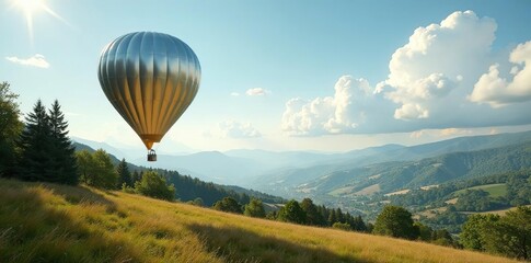Naklejka premium Silvery balloon floats above the landscape with trees and hills, scenery, reflective