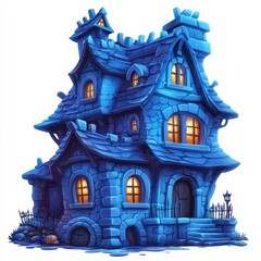 An illustration of a Halloween pumpkin house in modern clipart style, with a scary horror theme that includes dark, evil, spooky, and creepy elements, black bats, and a white isolated background
