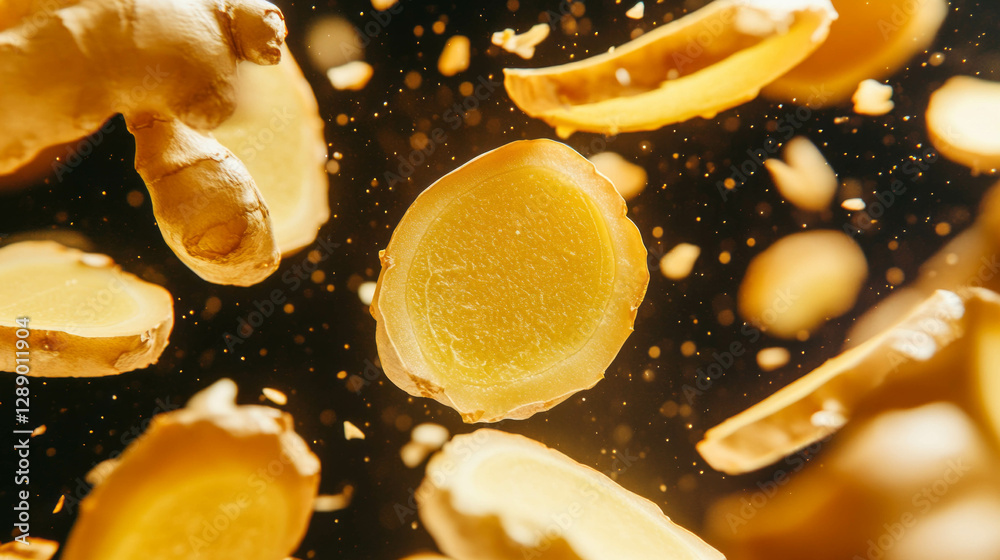 Poster Dynamic display of falling ginger slices against a beige background