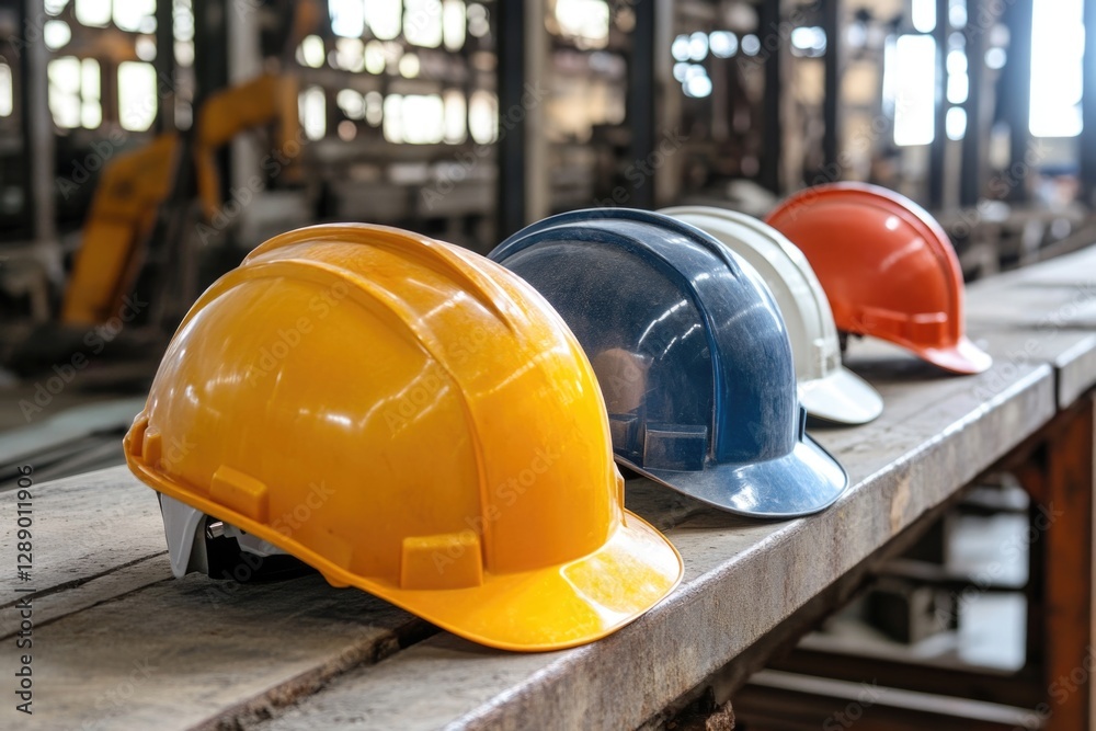 Poster a collection of hard hats arranged on a wooden table, suitable for use in construction, industry or 