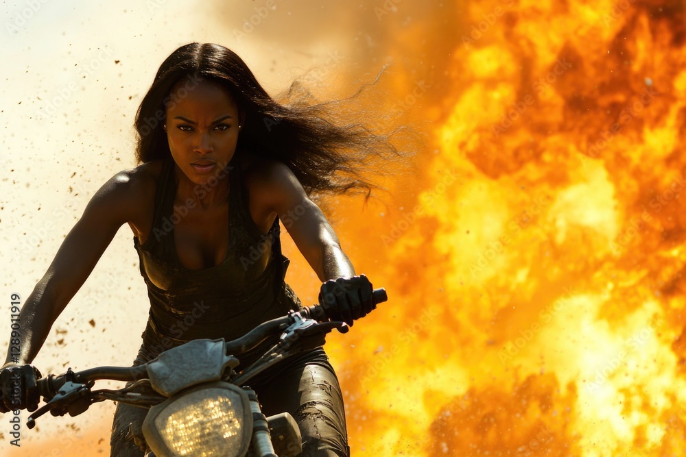 Poster a woman rides her motorcycle towards a burning fire, one informative phrase about what pictured on i