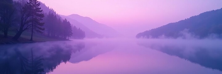 Fototapeta premium An ethereal light purple mist rising from a tranquil lake, tranquility, peaceful