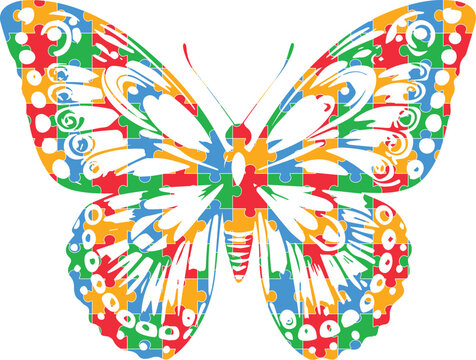 Isolated puzzle vector Butterfly background for world autism awareness day, heart, ribbon icon design template set. World autism day colorful love frame design bundle