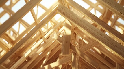 Close-up of residential roof construction showing intricate wood framing under construction