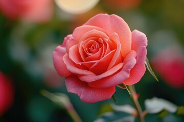 A pink rose is blooming in a garden, a beautiful and peaceful scene