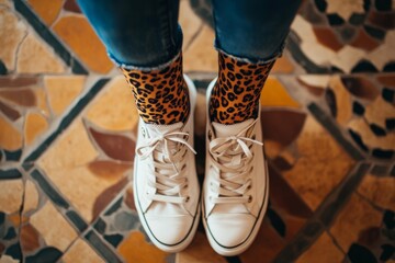 Leopard print socks and white sneakers on geometric tiles