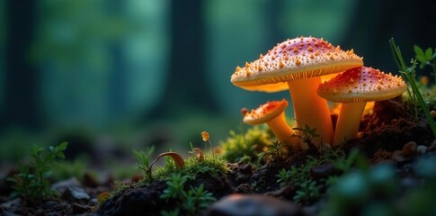 Fungal caps glowing softly in the dark forest, fungal growth, forest ecosystem