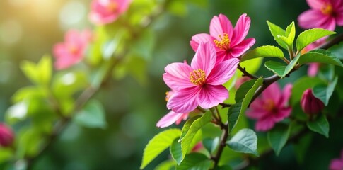 Obraz premium Pink flowers fill the air as they bloom on a tall tree,, foliage, greenery