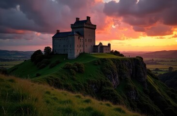 medieval castle perched on green hill during vibrant sunset. dramatic sky with colorful clouds. historical architecture. travel poster, picturesque landscape