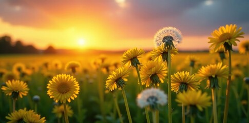 Sunset over a field of tall yellow and white dandelion flowers swaying gently in the breeze, landscape, wildflowers, dandelions