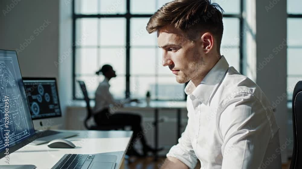 Poster Montage of an engineer working on a computer with technical drawings on screen, in slow motion, showcasing dedication and focus in a modern office environment