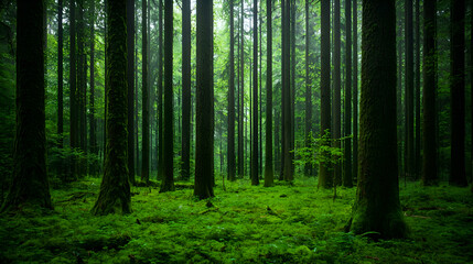 Lush Green Forest with Mossy Trees and Dense Undergrowth