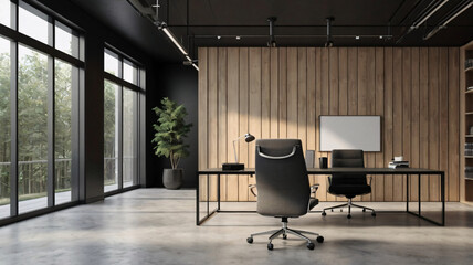Obraz premium This office features a dark ceilinged, modern design with large windows overlooking greenery.