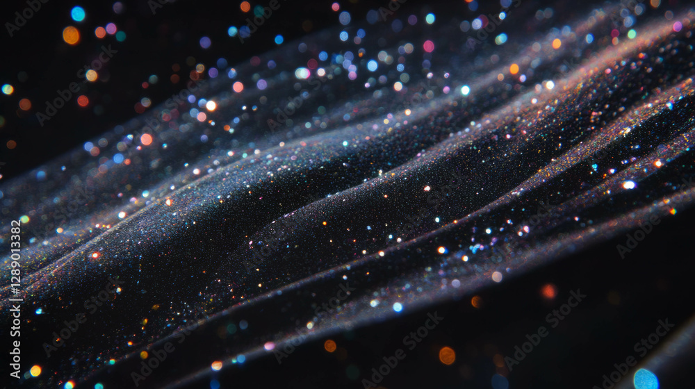 Poster sparkling glitter particles falling on black background for festive design