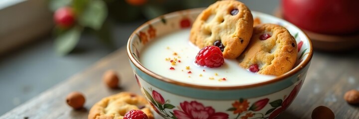 Milk and cookie arrangement in a decorative bowl, decoration, arrangement