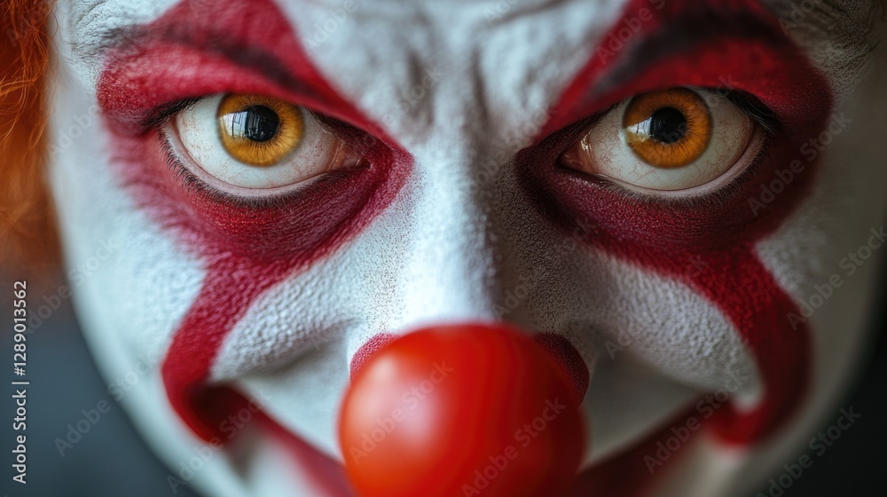 Poster close-up of a clown's face with a bright red nose, suitable for various illustrations and designs