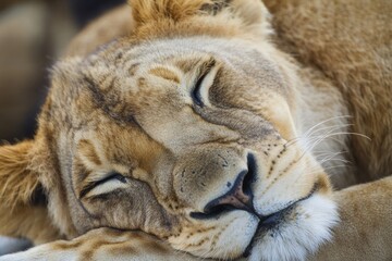 Obraz premium Close-up shot of a sleeping lion resting on a soft blanket