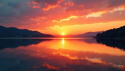 Naklejka premium Sunset over a tranquil lake with an orange-colored water background, nature,, reflection