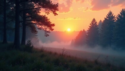 Fototapeta premium Sunset forest landscape with misty gradient background, nature, trees