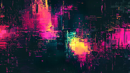 Digital pixel background with glitch effects in bright neon colors over dark tones