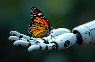Butterfly on a hand of robot, close up. Nature and cybernetics