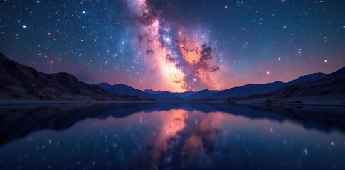 Naklejka premium Milky Way's bright core reflected in still high desert lake, lake, reflection