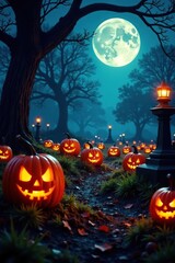 Fototapeta premium An illuminated pumpkin patch is nestled in the heart of a haunted graveyard, graveyard, gothic