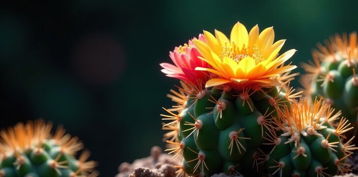 Full bloom Astrophytum Asterias Akabana cactus, spiny plant, Astrophytum Asterias Akabana cactus flowers