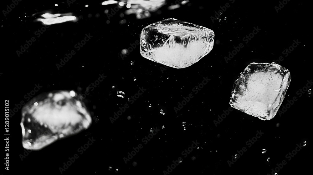 Poster falling ice cubes with subtle reflections on black background for refreshing designs