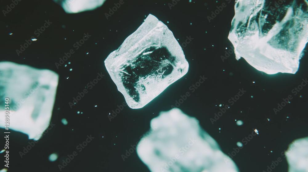 Poster Refreshing concept with falling ice cubes and subtle reflection on dark background