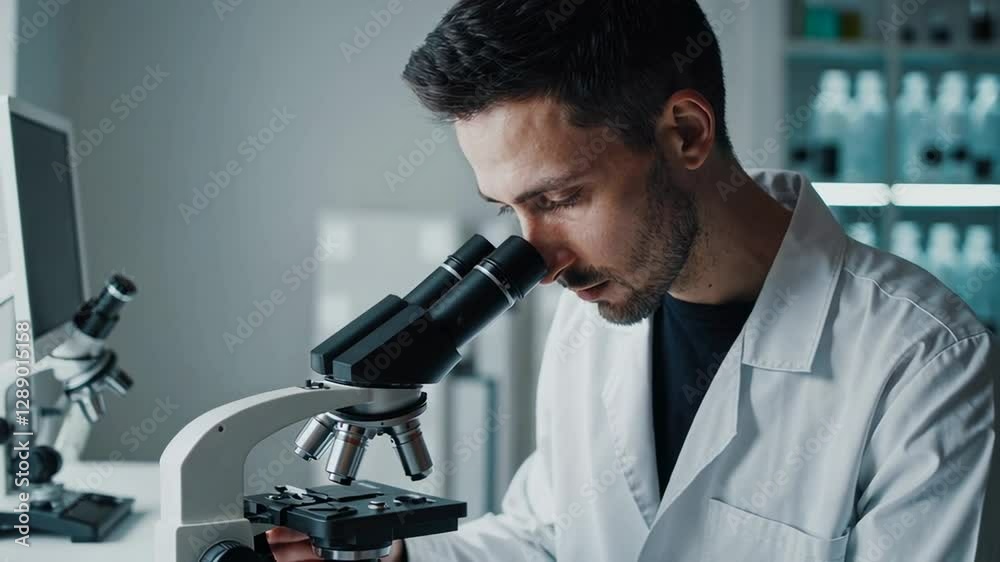 Poster laboratory scientist carefully examining samples under a microscope, conducting research in a modern