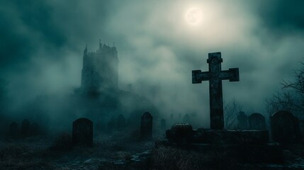 A dark, eerie Halloween cemetery with graves, depicted in an abstract illustration at night