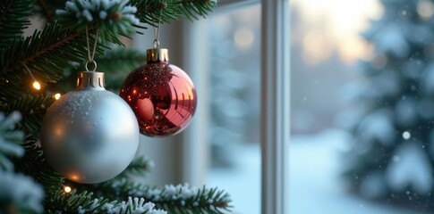 Silver and bronze ornaments hanging from a frosty window, evergreen, festive