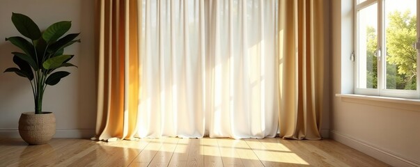 Wall of floor-to-ceiling curtains filtering natural light, elegant decor, natural light, filtered light