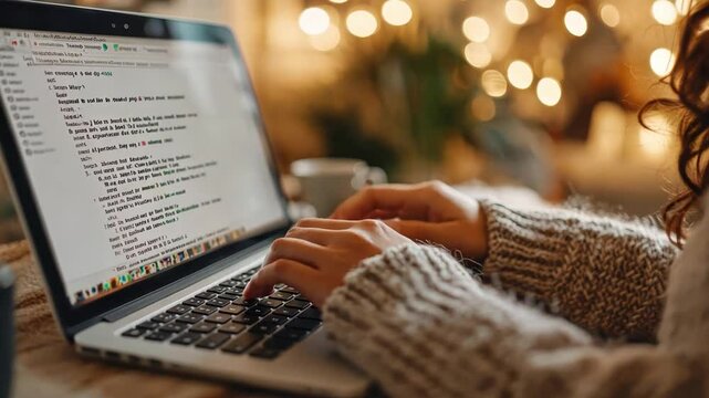 Coding Comfort: Close-up view of hands diligently typing on a laptop, illuminating the screen's code against a backdrop of soft, ambient lights.