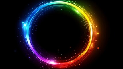 Obraz premium A futuristic, psychedelic illustration featuring abstract neon rainbow glowing circles in space, rendered in 3D on an isolated black background. This design uses bright LGBT Pride colors and
