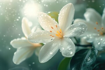 Fototapeta premium Fresh white flowers with water droplets glistening on their petals, perfect for still life photography or romantic gestures