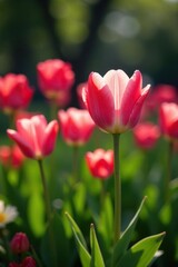 Obraz premium Rosa tulipanes floreciendo en un jard?n de primavera, florecimiento, primavera,
