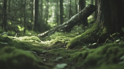 Obraz premium A lush green forest floor covered in moss with a fallen tree