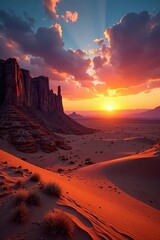 Naklejka premium Sunset over desert with sand dunes and rocky formations, sunset, clouds