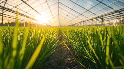 Sunlight Over Green Rice Field in Glass Greenhouse at Sunrise