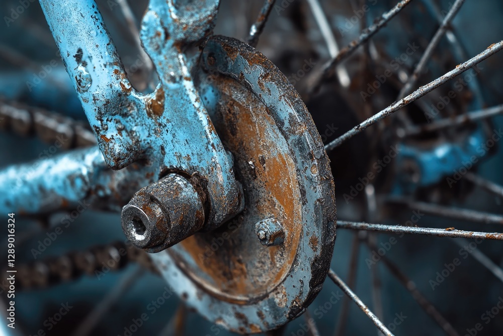 Poster close-up shot of a rusty old bicycle wheel with worn-out tire and rusty frame