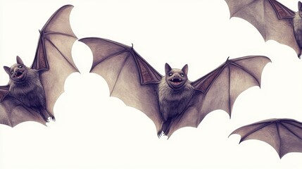 Fototapeta premium A modern art pattern with cartoon Halloween bats flying in a white sky, isolated on a scary horror background. Concept for a spooky postcard
