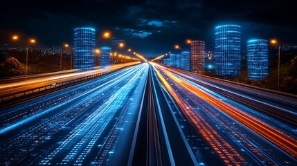 Fototapeta premium Night highway, city lights, data streams, fast traffic