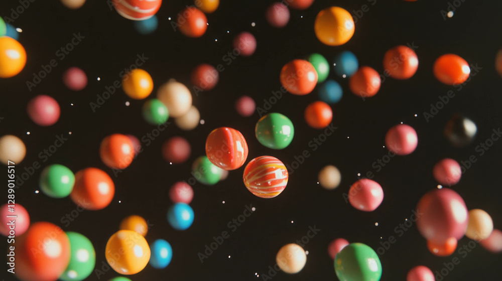 Poster vibrant explosion of falling multicolored candies on black background for festive design