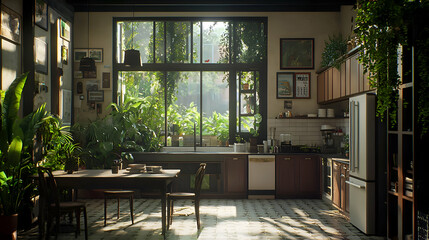 Sunlit Kitchen with Abundant Greenery and Wooden Furnishings