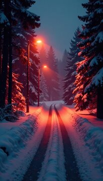 Caminetto con fuoco acceso e fiocco rosso nella notte invernale, caminetto, ambiente invernale, inverno