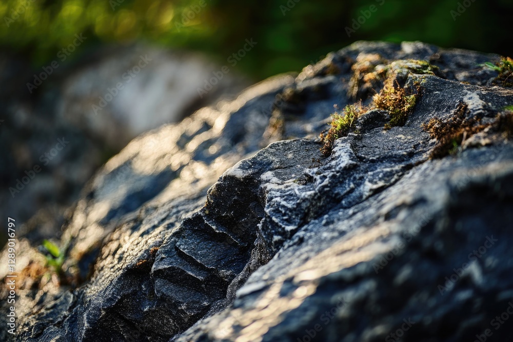 Poster a detailed view of a rocky surface covered in moss and greenery